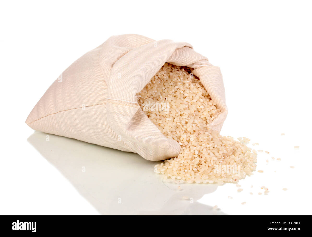 Cloth bag of rice isolated on white Stock Photo Alamy