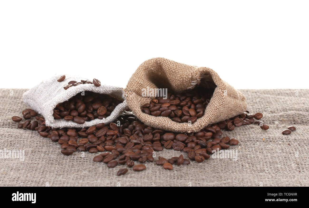 Coffee beans in canvas sack isolated on white Stock Photo - Alamy