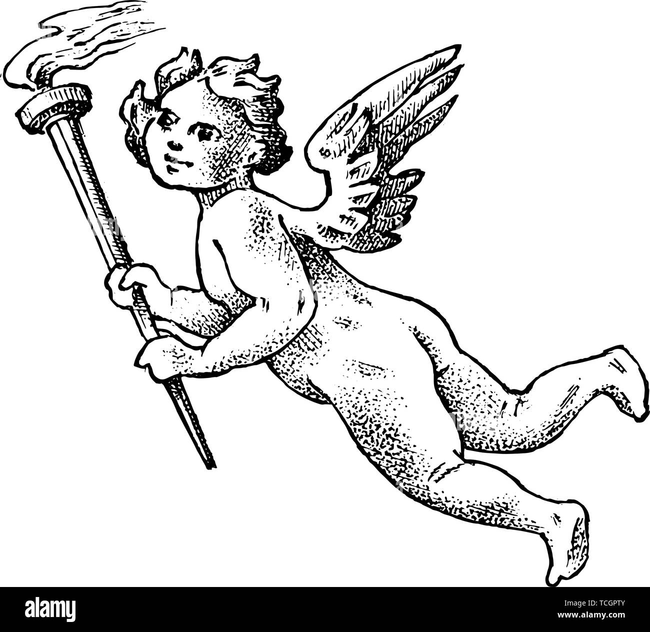 Cute angel with a fiery torch. Small aesthetic Cupid with wings fly in the sky. Children in Monochrome engraved style. Template for tattoo or logo Stock Vector