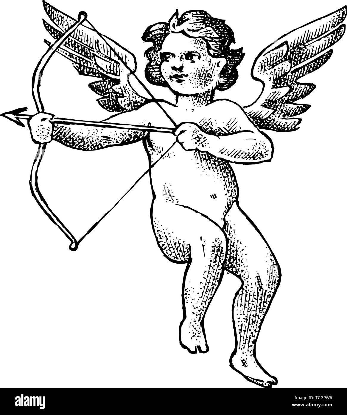 Cute angel with arrows and bow. Small aesthetic Cupids with wings fly in the sky. Children in Monochrome engraved style. Template for tattoo or logo Stock Vector