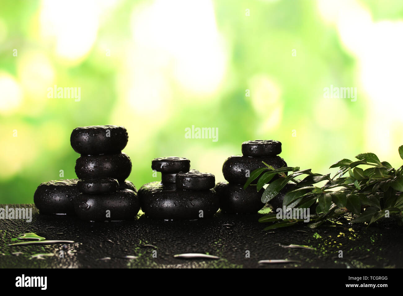 Composition of spa stones and greenery on bright green background Stock ...