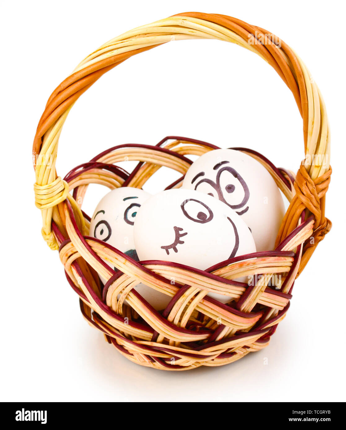 White eggs with funny faces in basket isolated on white Stock Photo - Alamy