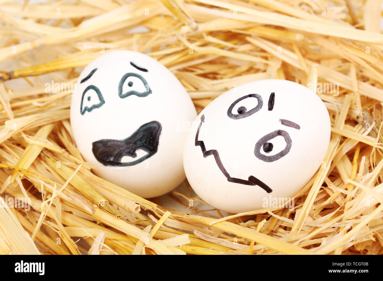 White eggs with funny faces in straw Stock Photo - Alamy