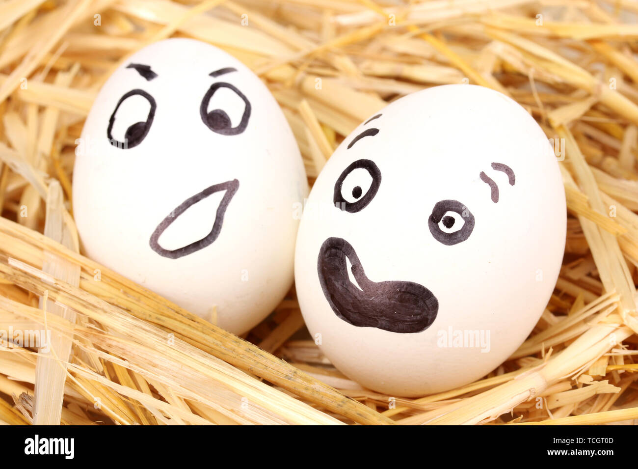 White eggs with funny faces in straw Stock Photo - Alamy