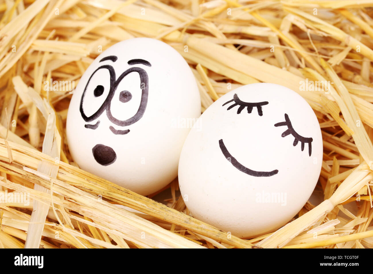 White eggs with funny faces in straw Stock Photo - Alamy
