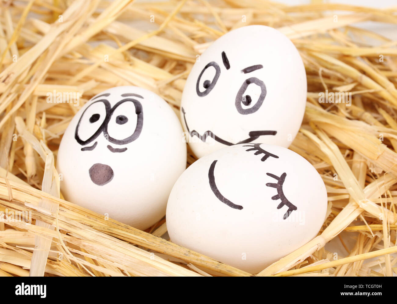 White eggs with funny faces in straw Stock Photo - Alamy