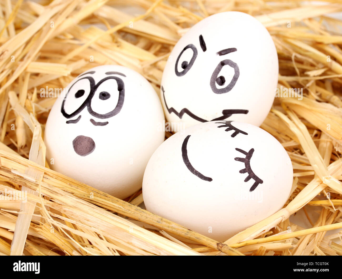 White eggs with funny faces in straw Stock Photo - Alamy
