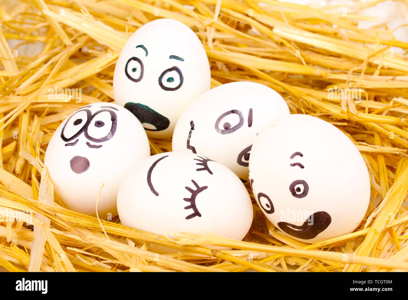 White eggs with funny faces in straw Stock Photo - Alamy