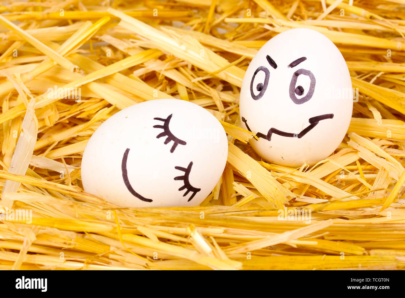 White eggs with funny faces in straw Stock Photo - Alamy