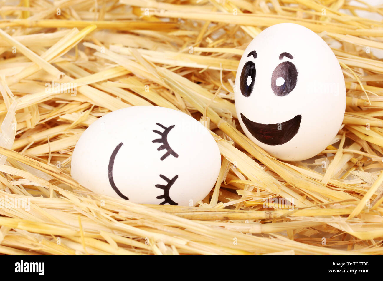 White eggs with funny faces in straw Stock Photo - Alamy