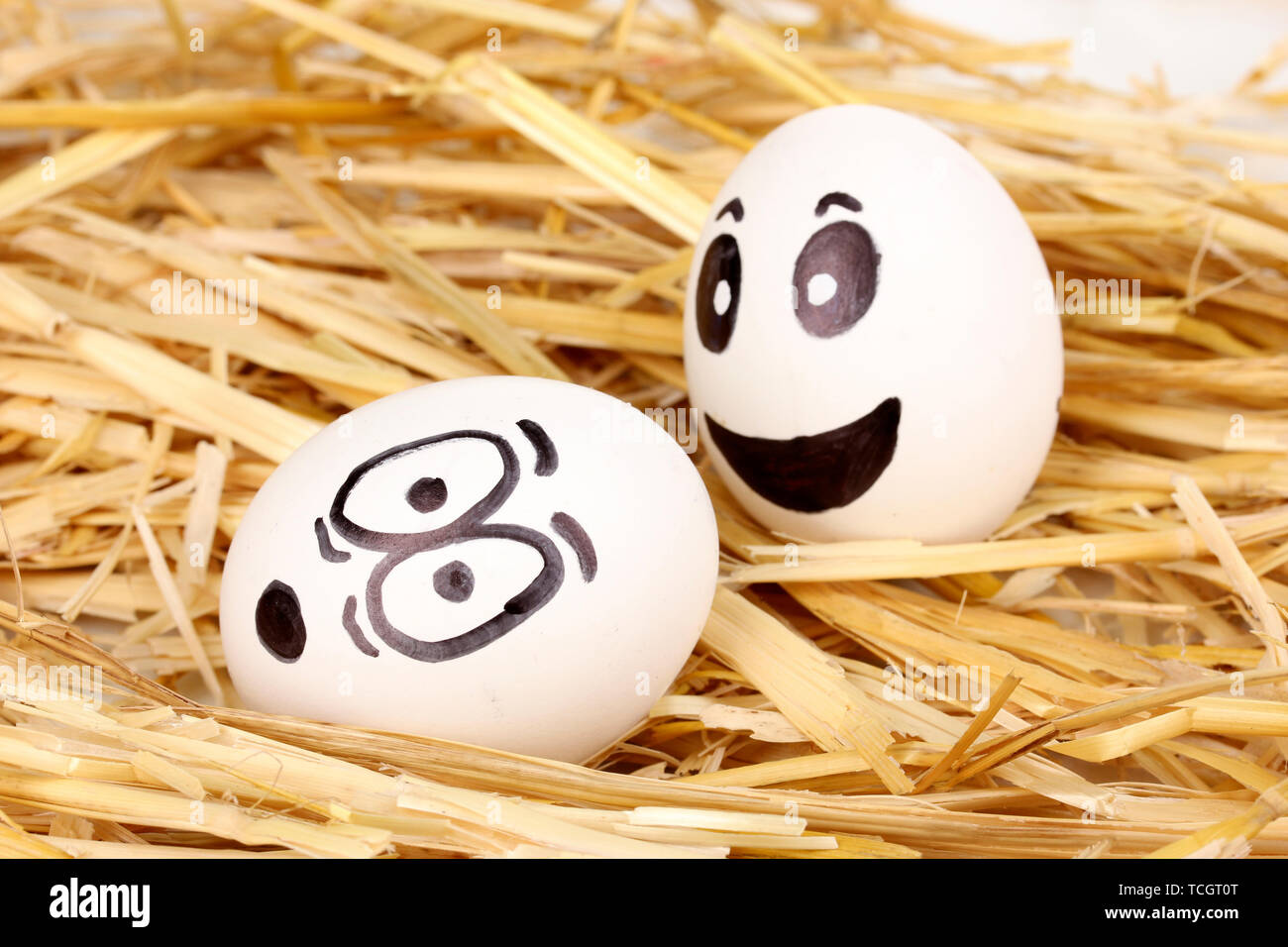 White eggs with funny faces in straw Stock Photo - Alamy