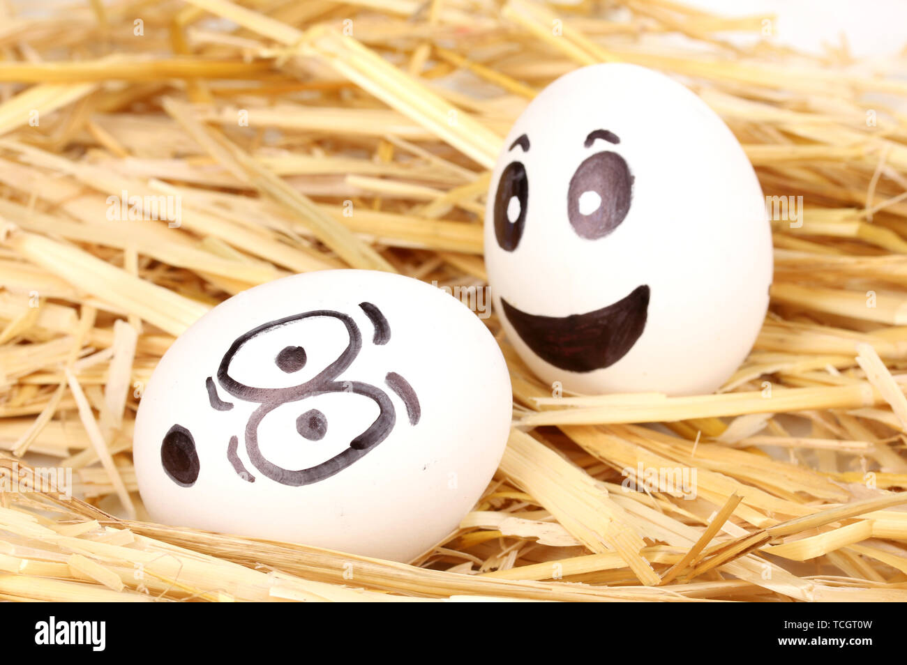 White eggs with funny faces in straw Stock Photo