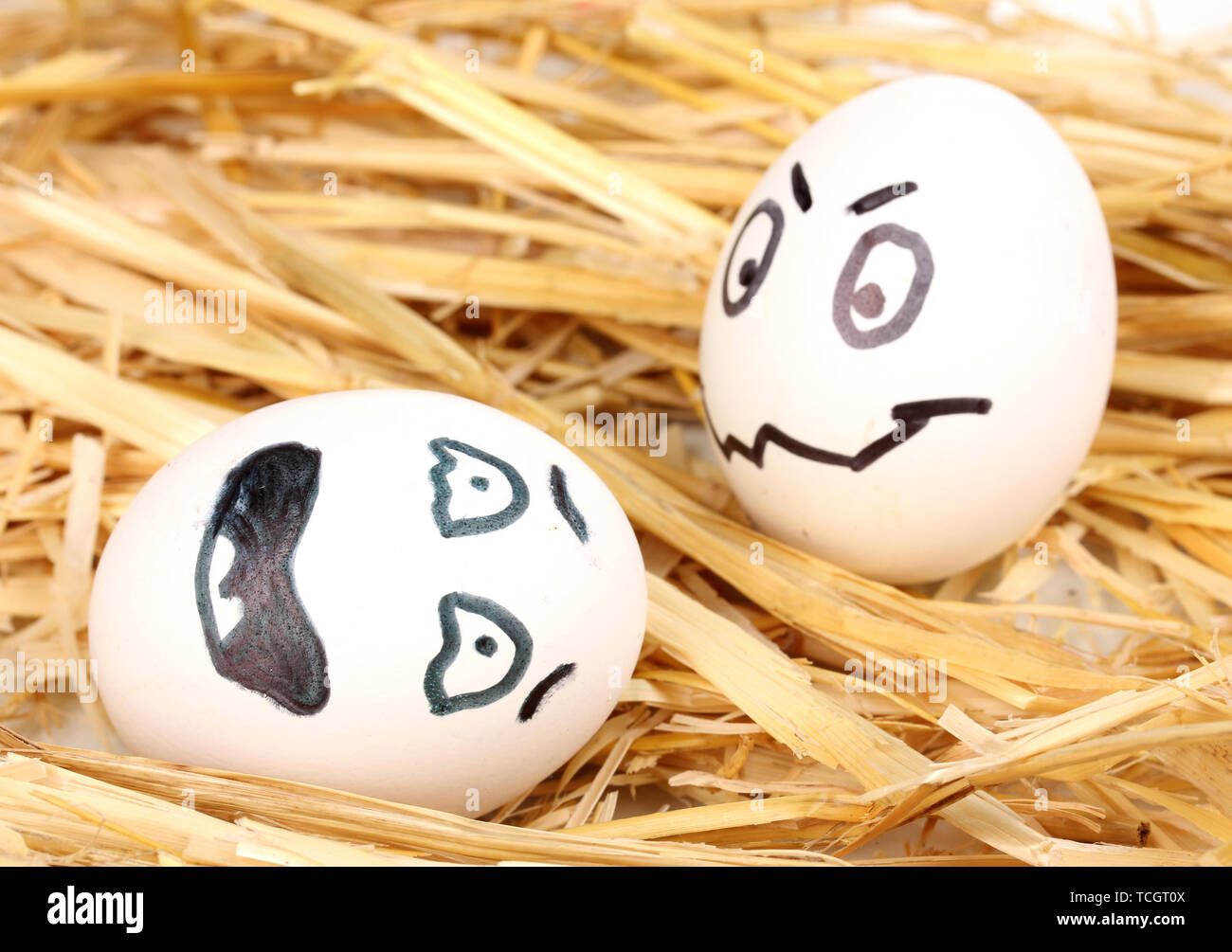 White eggs with funny faces in straw Stock Photo - Alamy