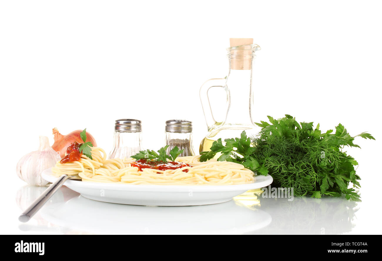 Composition of the delicious spaghetti isolated on white Stock Photo ...