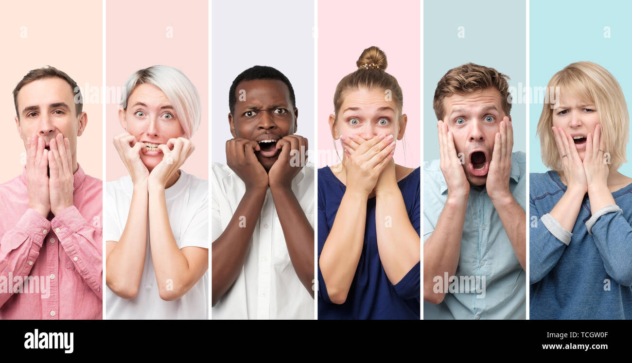 Surprised and astonished people receiving shocking unexpected news Stock Photo