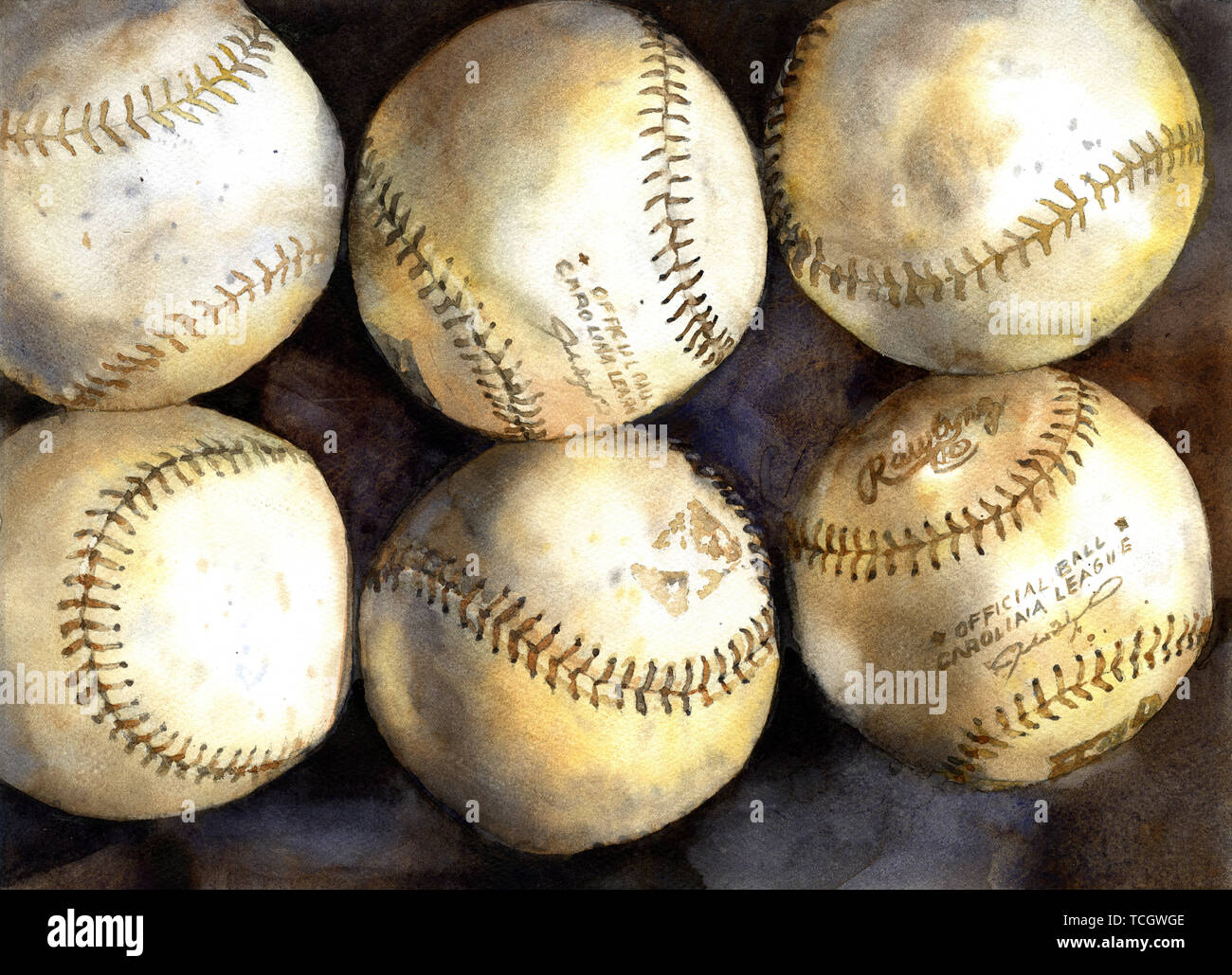 Baseball painting. Watercolor painting of baseballs, home decor