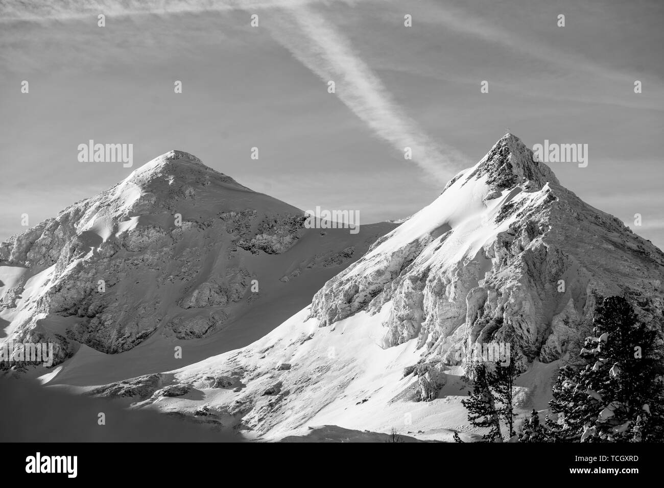 Beautiful black and white shot of snowy high mountains Stock Photo - Alamy