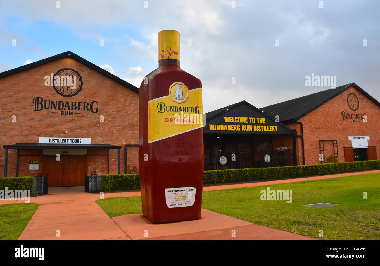 Bundaberg, Australia - Apr 23, 2019. Big Bundy Bottle in front of the Bundaberg Rum Distillery and Museum. Bundaberg rum is often referred to as 'Bund Stock Photo