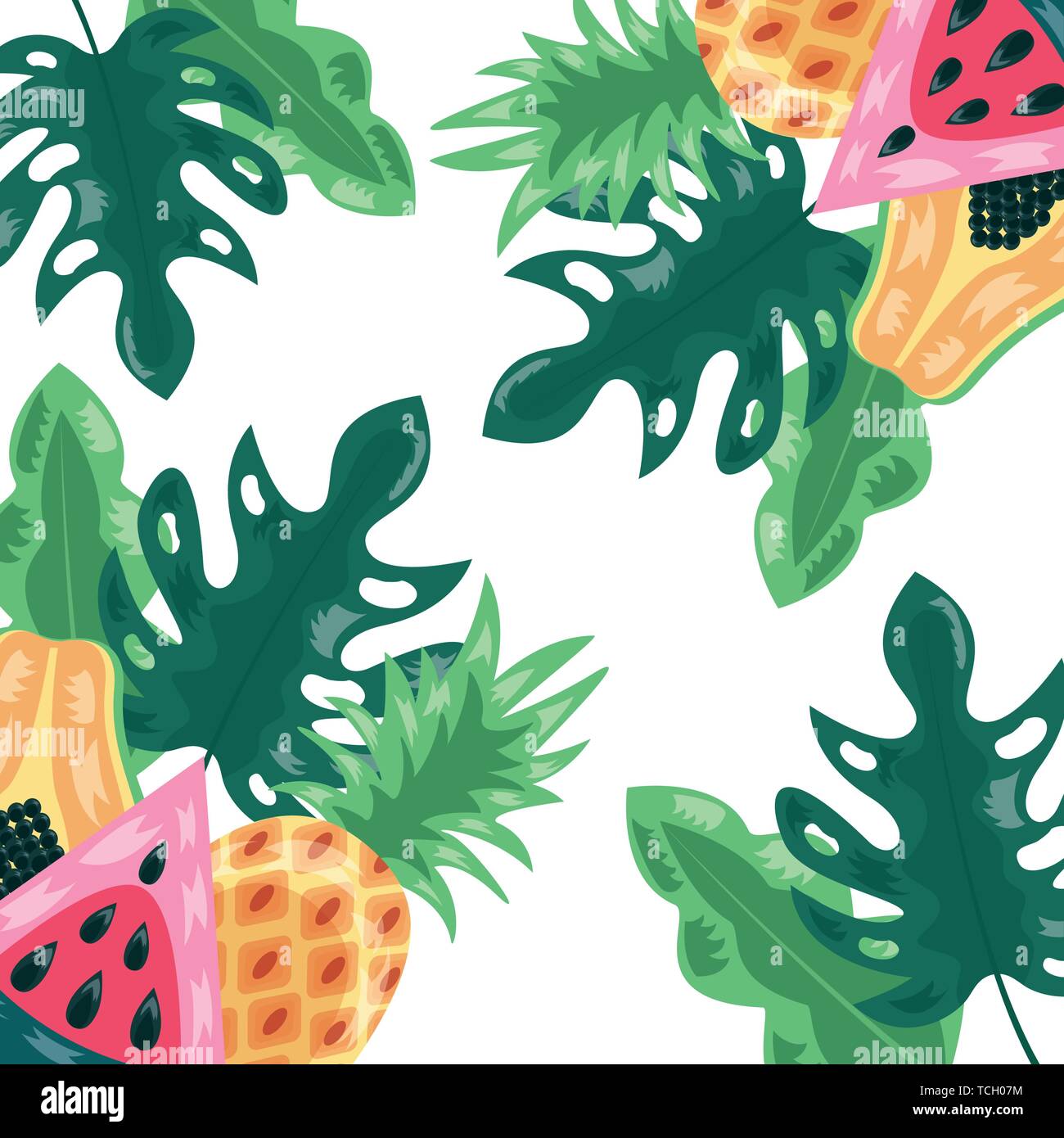 pineapple watermelon papaya tropical fruits foliage background Stock ...