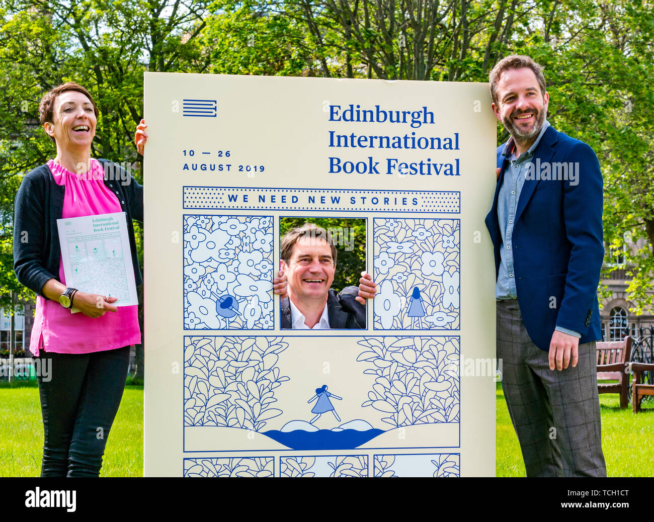 Nick Barley, Director, Janet Smyth  & Roland Gulliver launch the 2019  Edinburgh International Book Festival programme, Charlotte Square Gardens, Scot Stock Photo