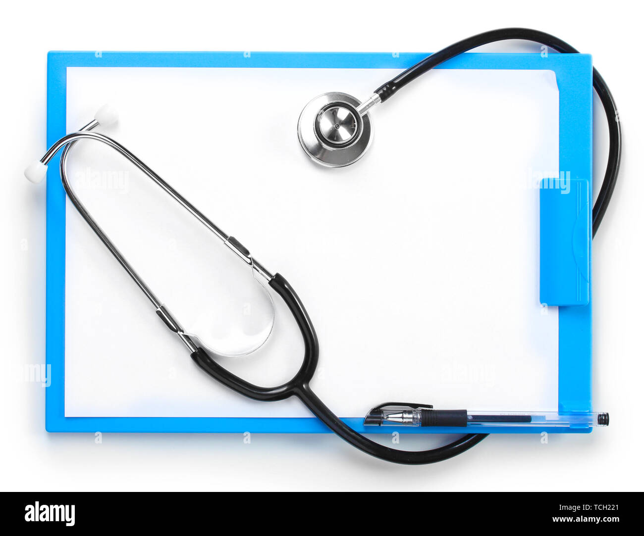 stethoscope and blue clipboard isolated on white Stock Photo - Alamy