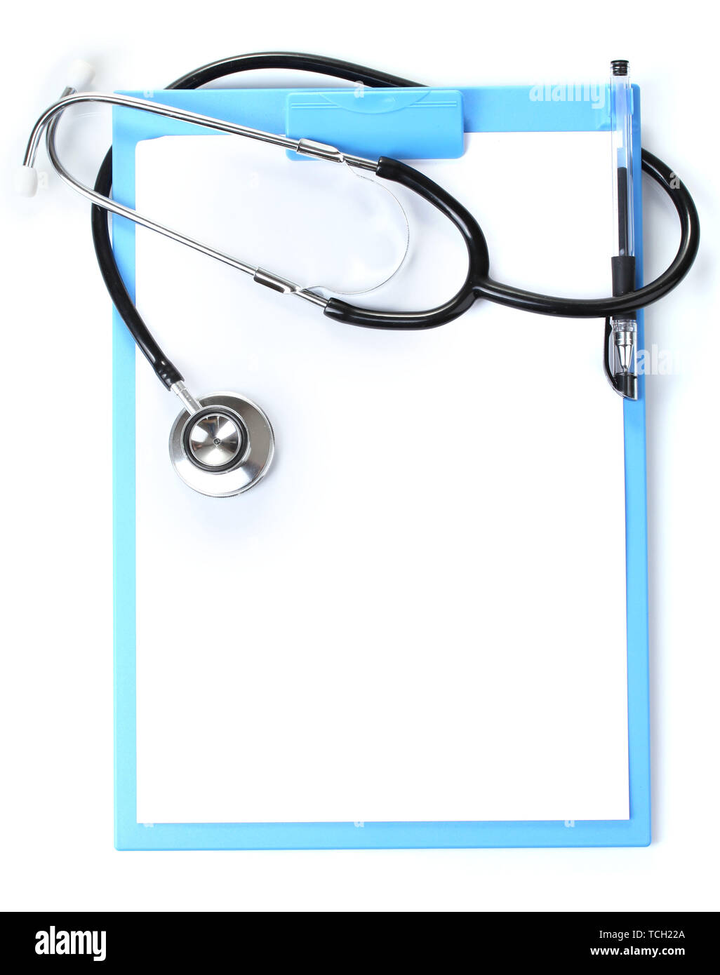 stethoscope and blue clipboard isolated on white Stock Photo - Alamy