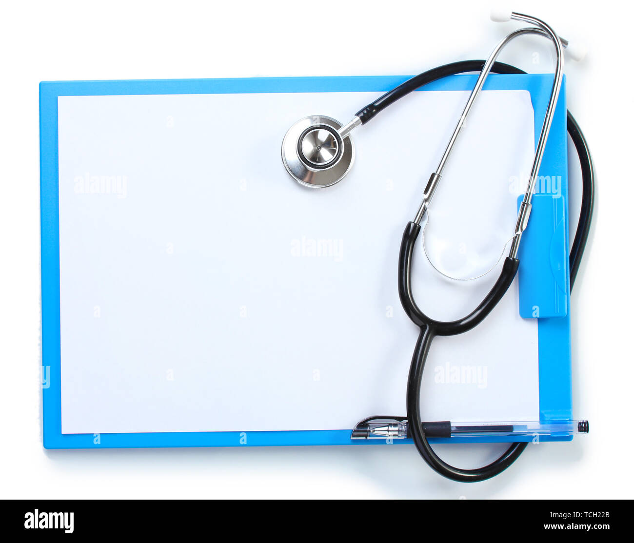 stethoscope and blue clipboard isolated on white Stock Photo - Alamy