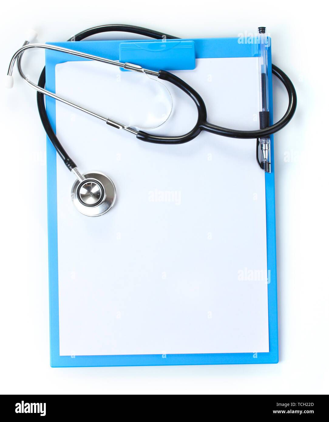 stethoscope and blue clipboard isolated on white Stock Photo - Alamy