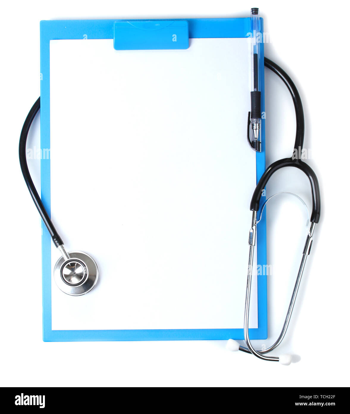 stethoscope and blue clipboard isolated on white Stock Photo - Alamy