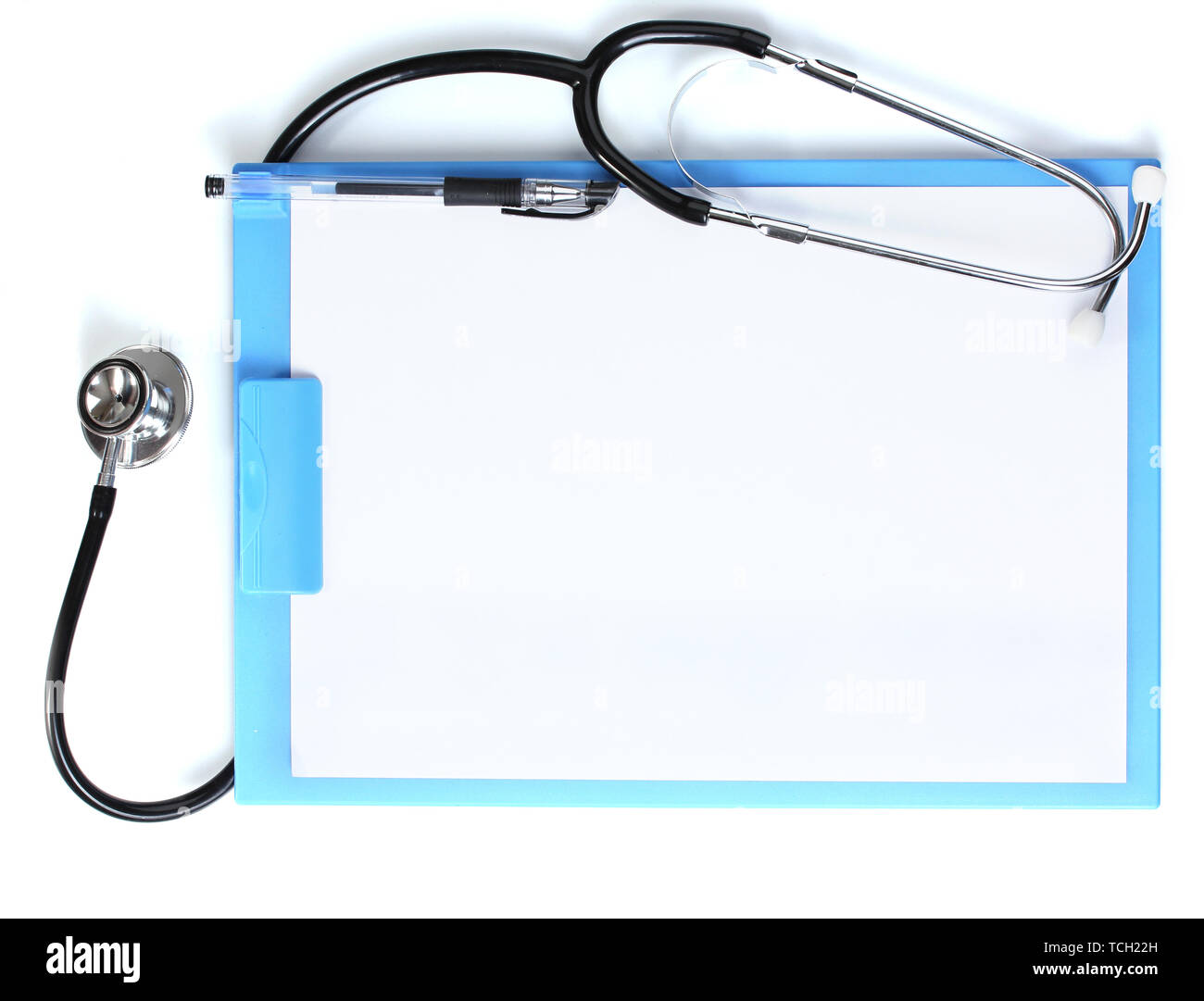 stethoscope and blue clipboard isolated on white Stock Photo - Alamy