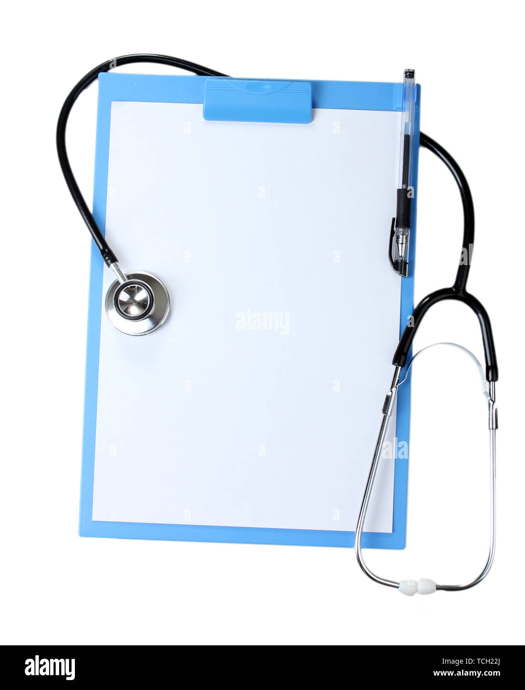 stethoscope and blue clipboard isolated on white Stock Photo - Alamy