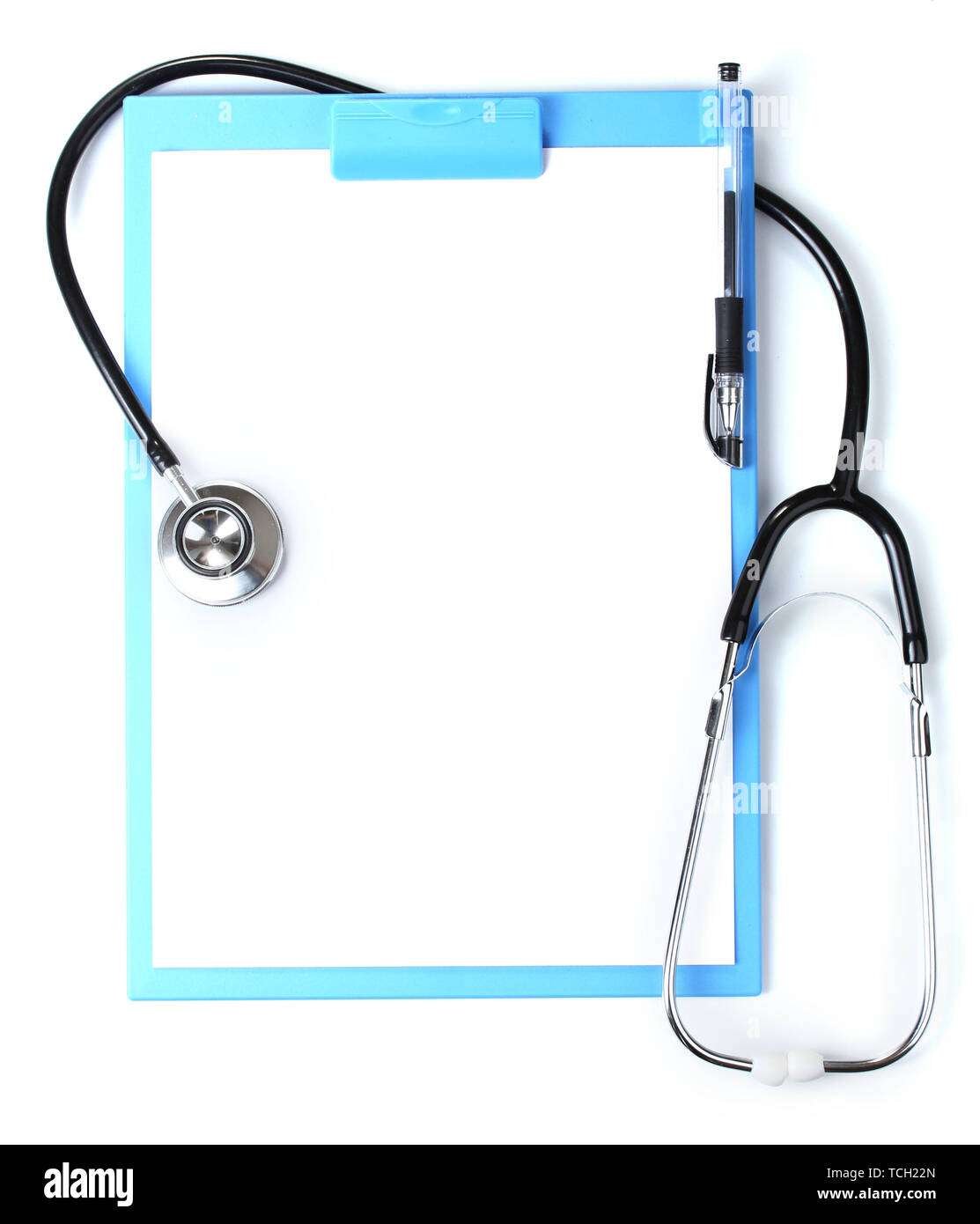 stethoscope and blue clipboard isolated on white Stock Photo - Alamy