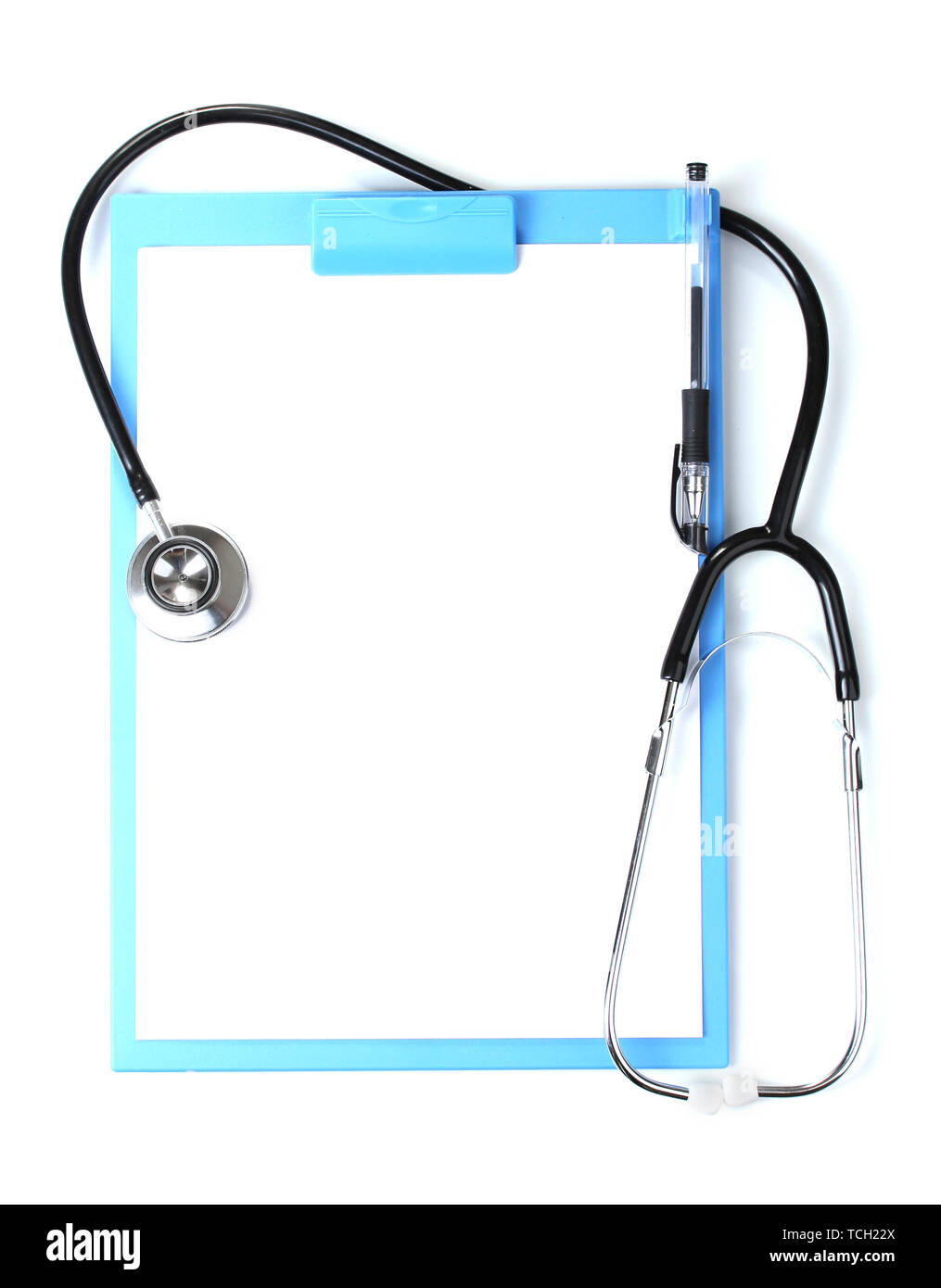 stethoscope and blue clipboard isolated on white Stock Photo - Alamy