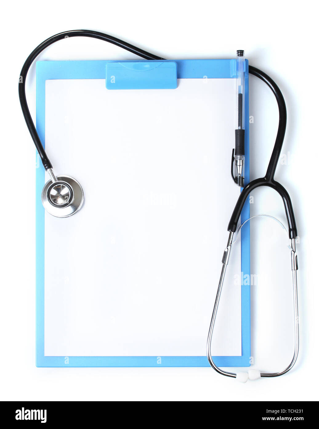 stethoscope and blue clipboard isolated on white Stock Photo - Alamy