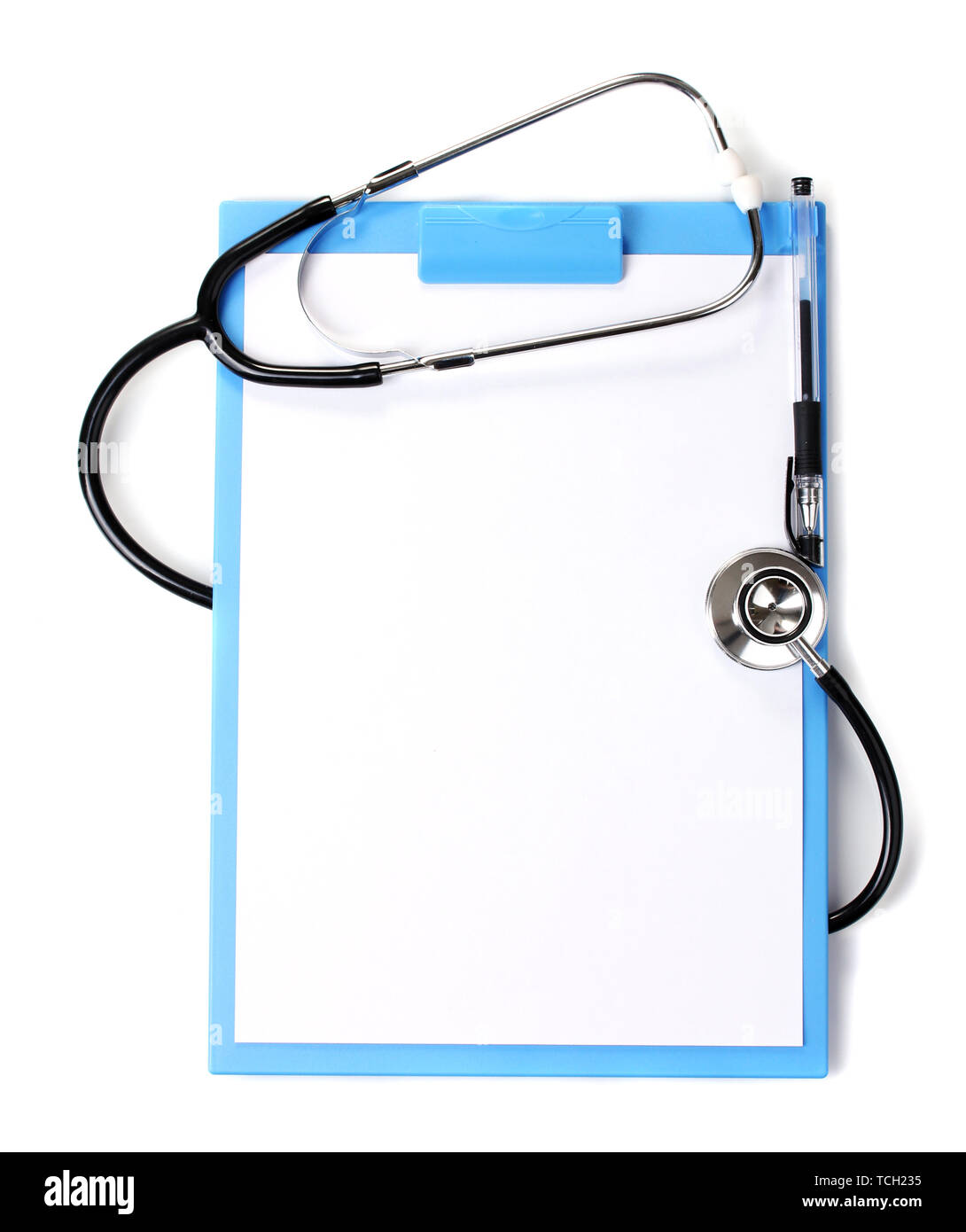 stethoscope and blue clipboard isolated on white Stock Photo - Alamy