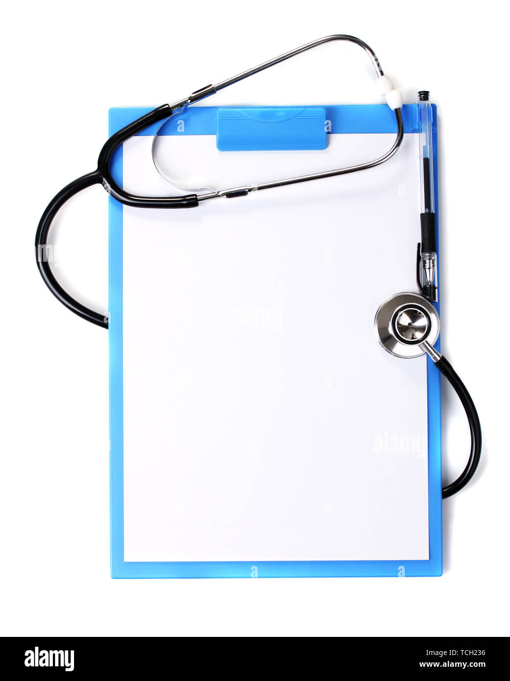 stethoscope and blue clipboard isolated on white Stock Photo - Alamy