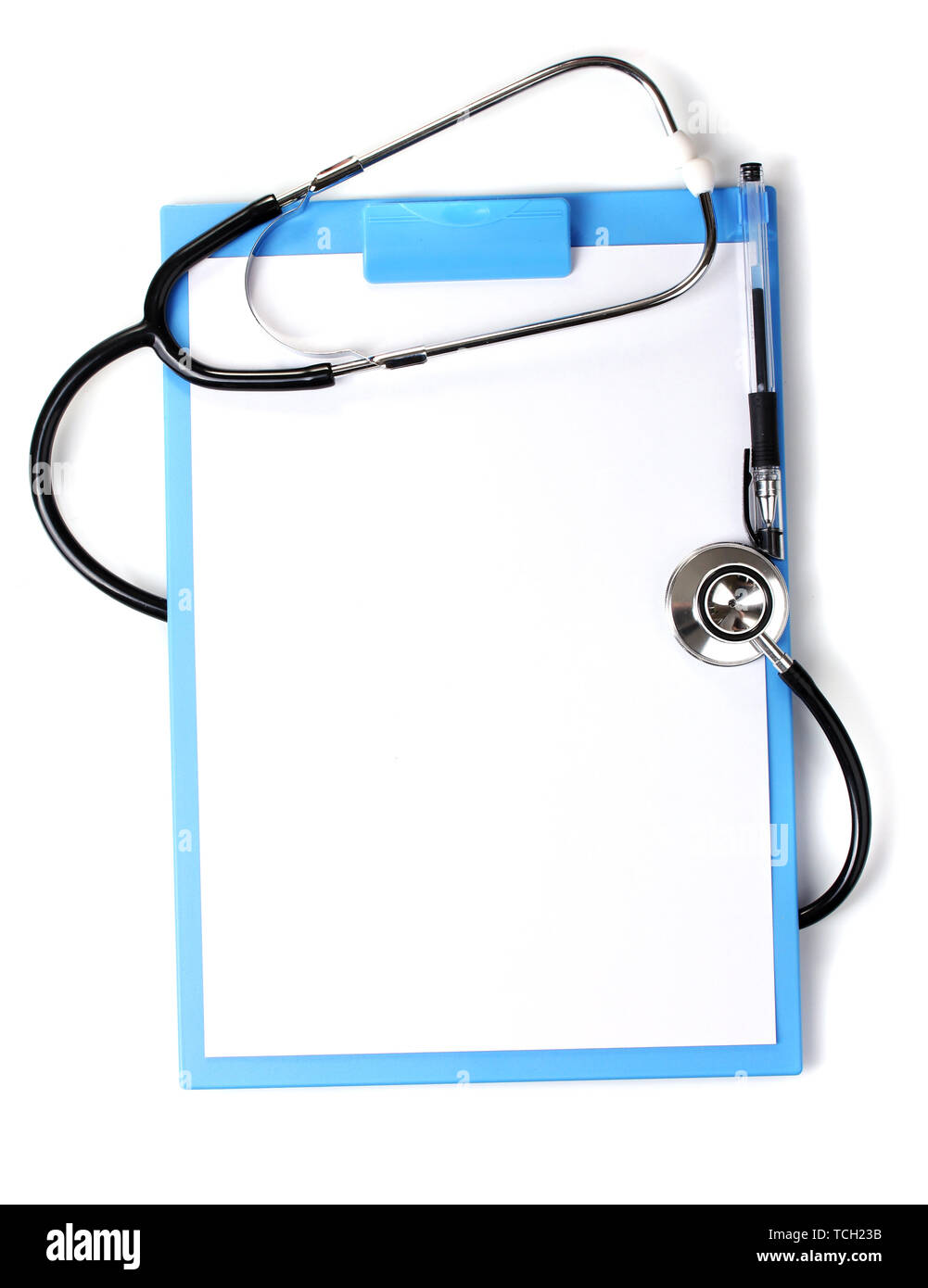 stethoscope and blue clipboard isolated on white Stock Photo - Alamy