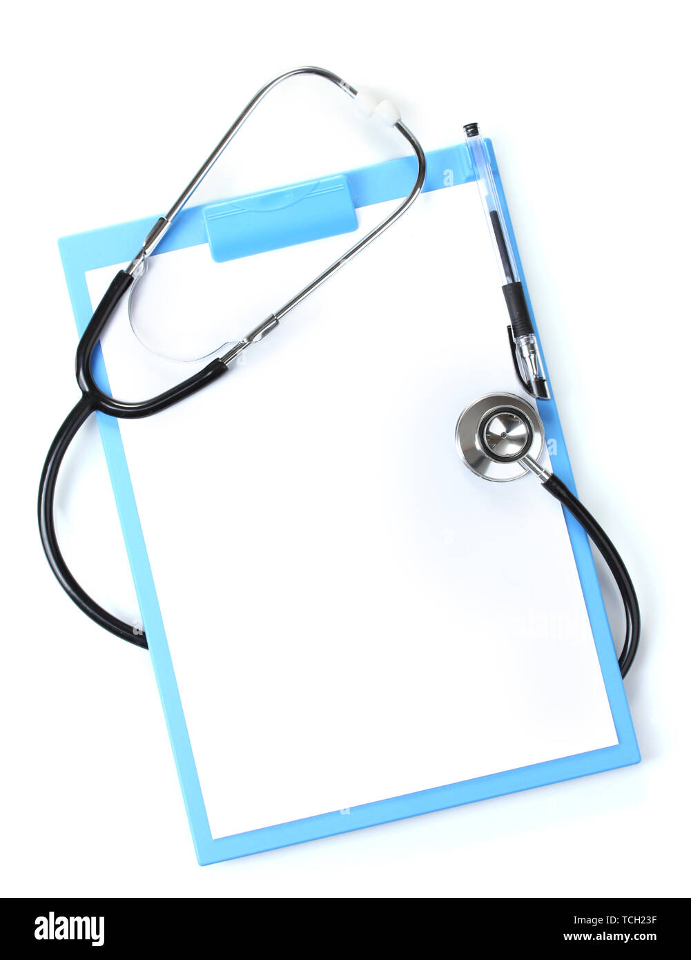 stethoscope and blue clipboard isolated on white Stock Photo - Alamy