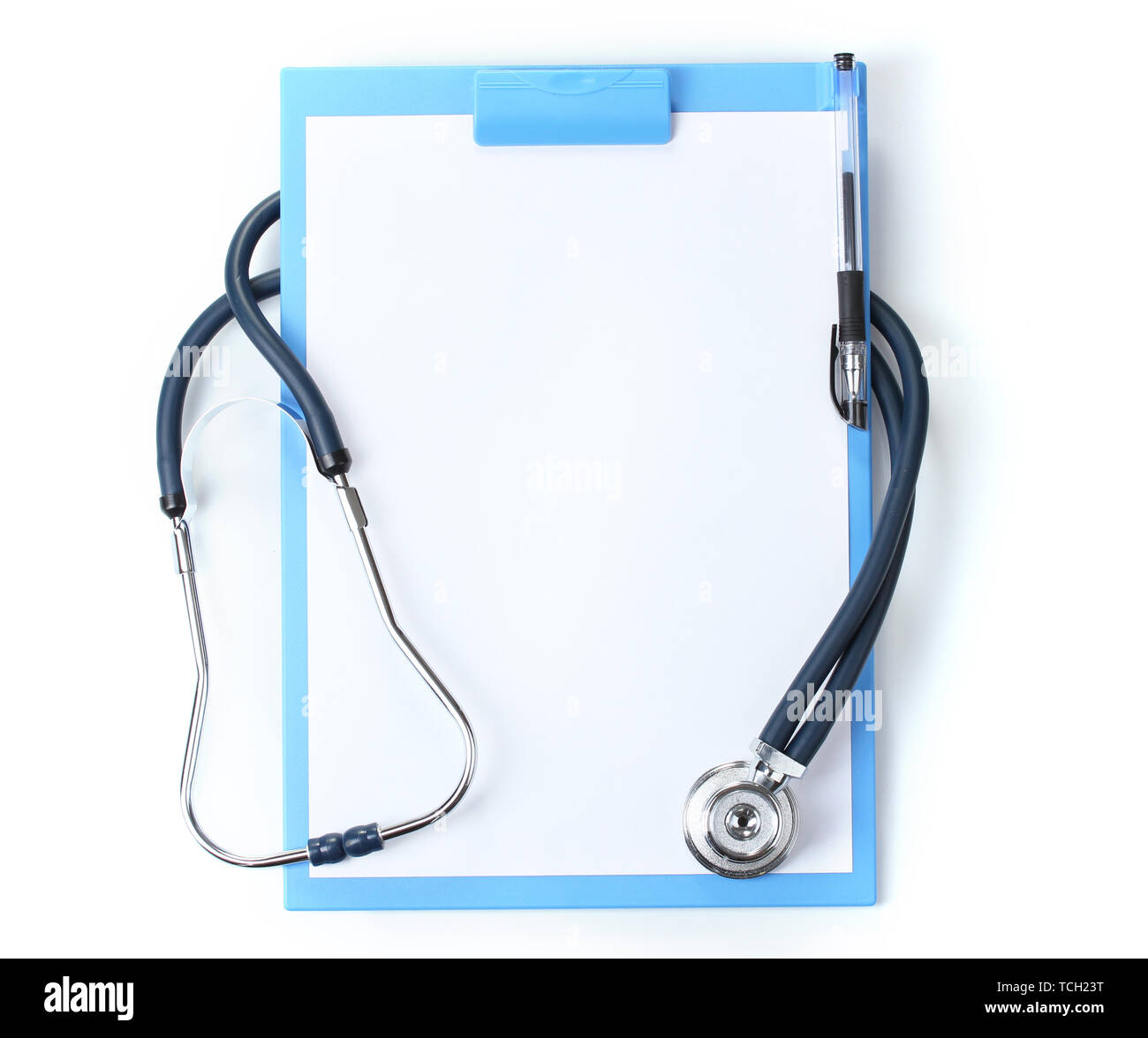 stethoscope and blue clipboard isolated on white Stock Photo - Alamy