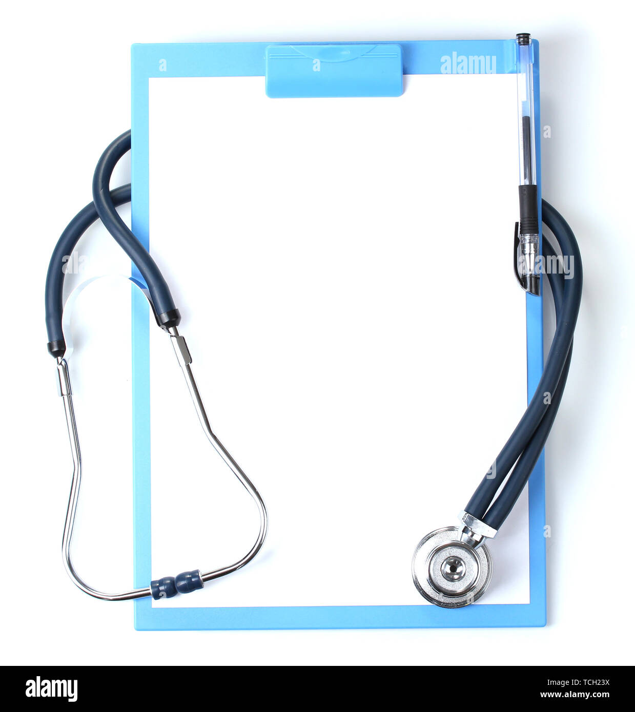 stethoscope and blue clipboard isolated on white Stock Photo - Alamy