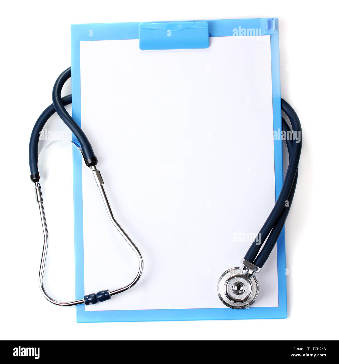 stethoscope and blue clipboard isolated on white Stock Photo - Alamy