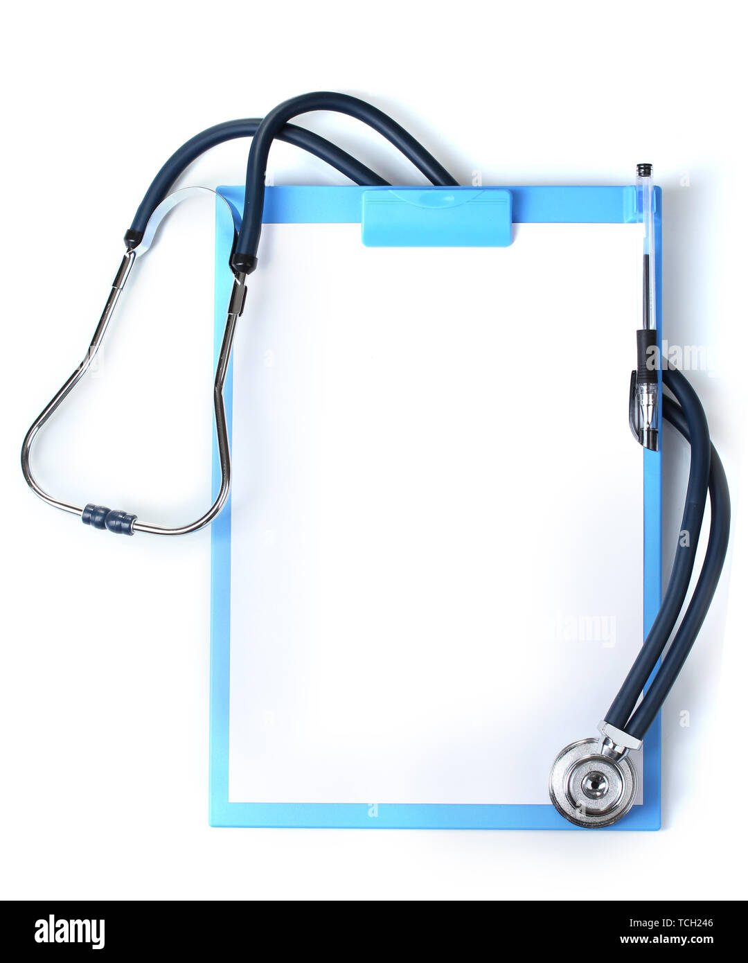 stethoscope and blue clipboard isolated on white Stock Photo - Alamy