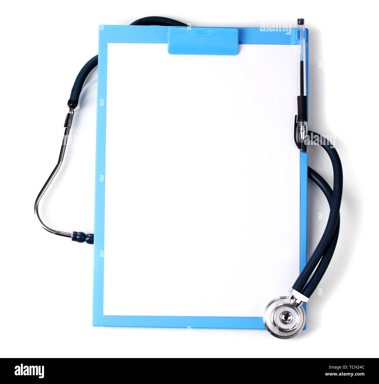 stethoscope and blue clipboard isolated on white Stock Photo - Alamy