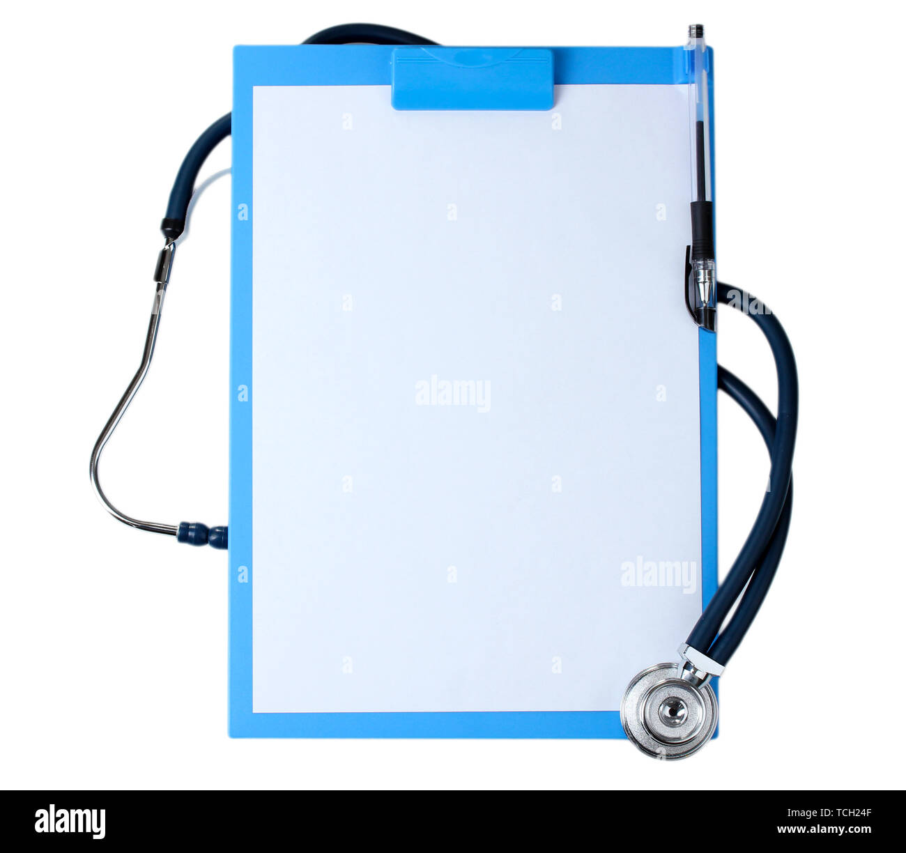 stethoscope and blue clipboard isolated on white Stock Photo - Alamy