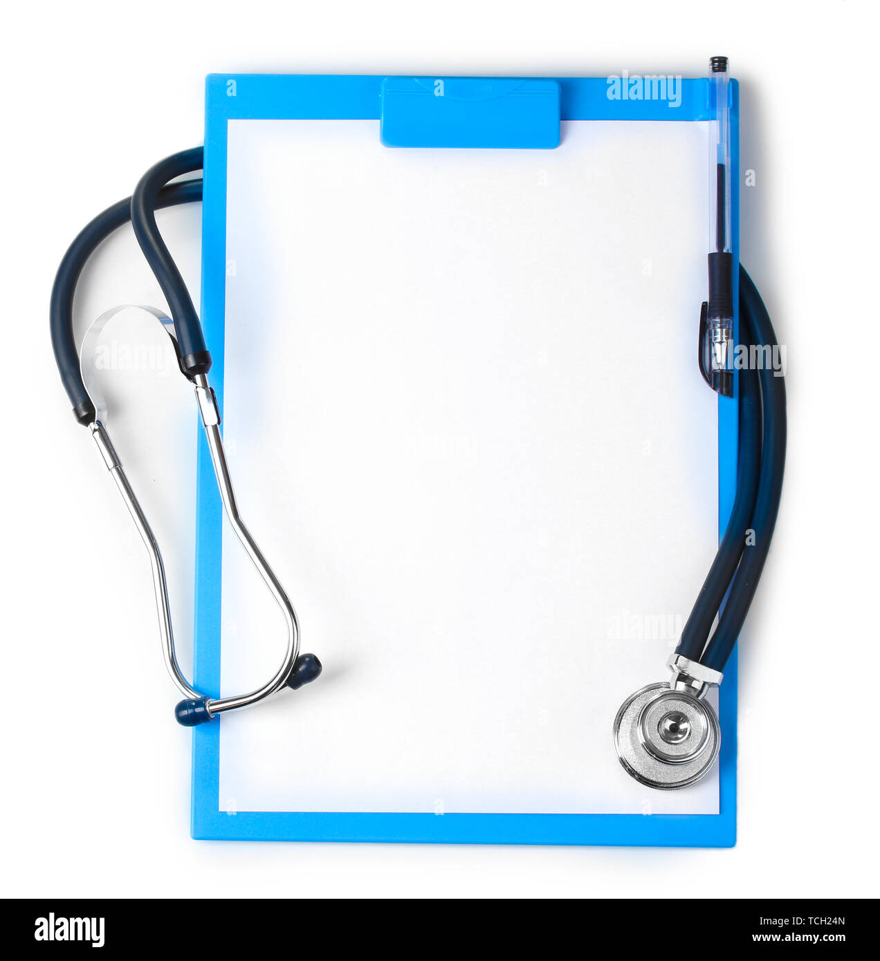 stethoscope and blue clipboard isolated on white Stock Photo - Alamy
