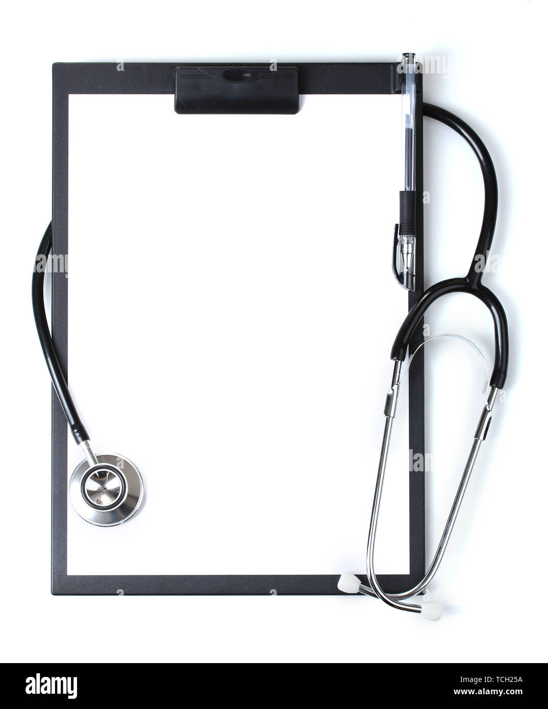 stethoscope and black clipboard isolated on white Stock Photo - Alamy