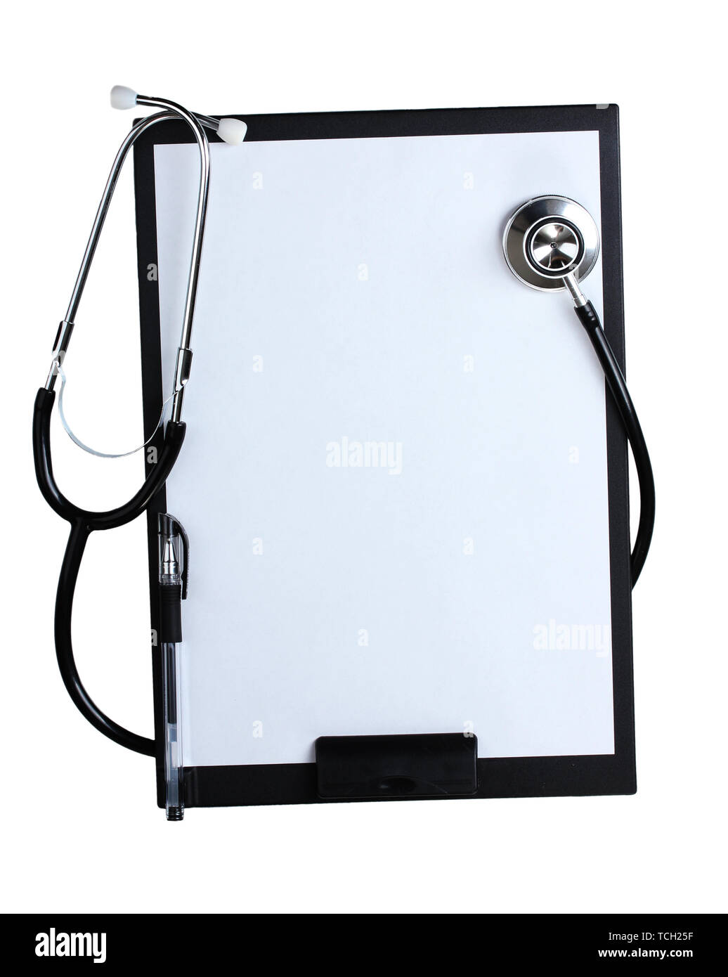 stethoscope and black clipboard isolated on white Stock Photo - Alamy