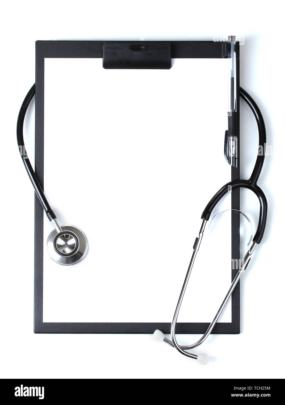 stethoscope and black clipboard isolated on white Stock Photo - Alamy