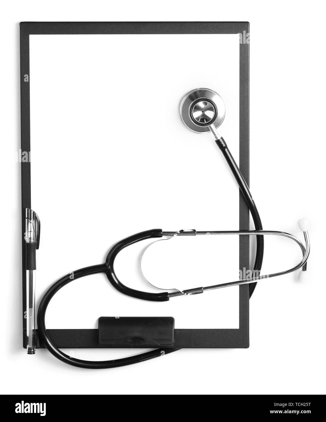 stethoscope and black clipboard isolated on white Stock Photo - Alamy