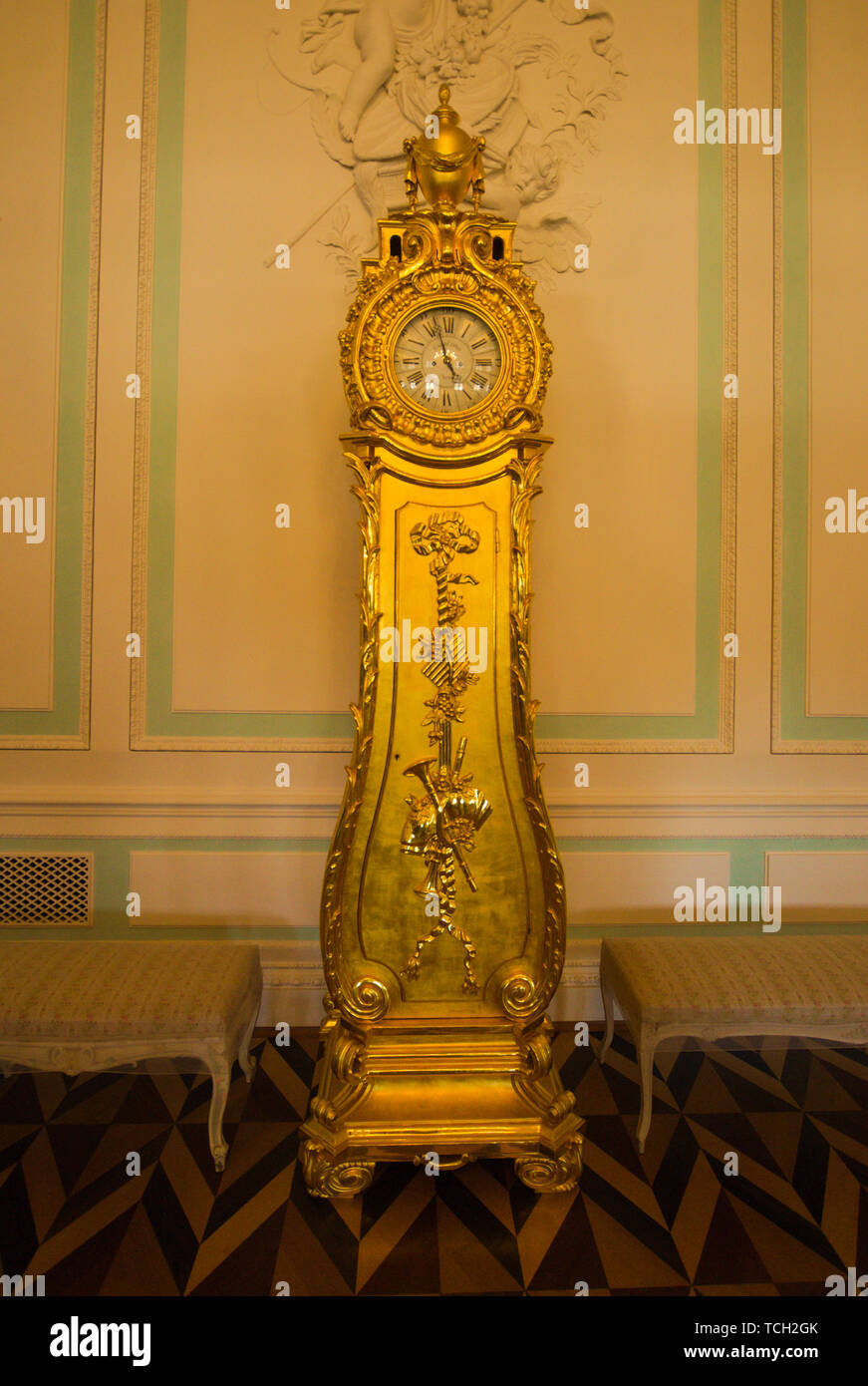 A standing clock on display at the Grand Palace of Peterhof, Petrodvorets, Saint Petersburg, Russia Stock Photo